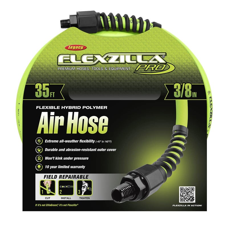 Flexzilla Pro Air Hose, 3/8 in. x 35 ft., Heavy Duty, Lightweight, Hybrid, ZillaGreen - HFZP3835YW2 - Image 2